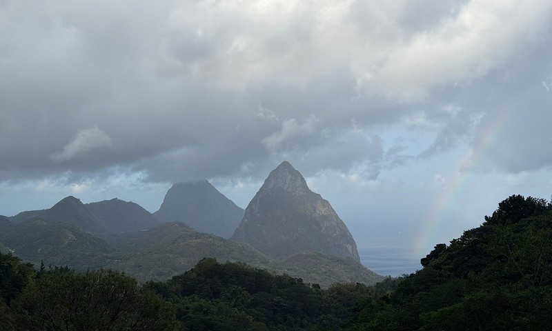 View of the Pitons and surrounding mountain landscape near Soufriere